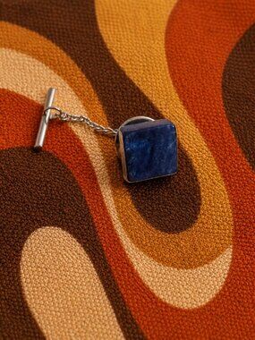 Blue Faux Marble Groovy 1970's Vintage Tie Tack Lapel Pin Brooch - Silver Tone